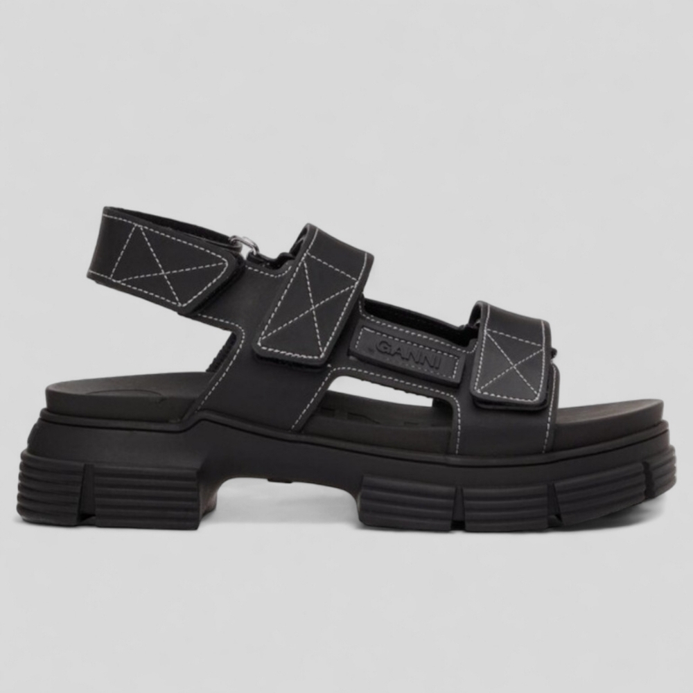 NWT GANNI Recycled Rubber Chunky Logo Platform Black Sandals Flatform Lugged - Picture 8 of 15